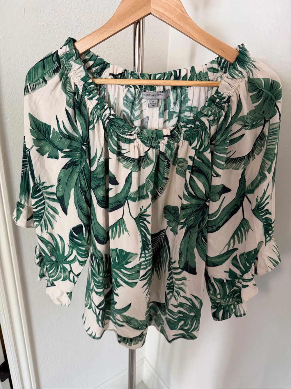 Marc New York White Off-Shoulder Tunic with Green Palm Print